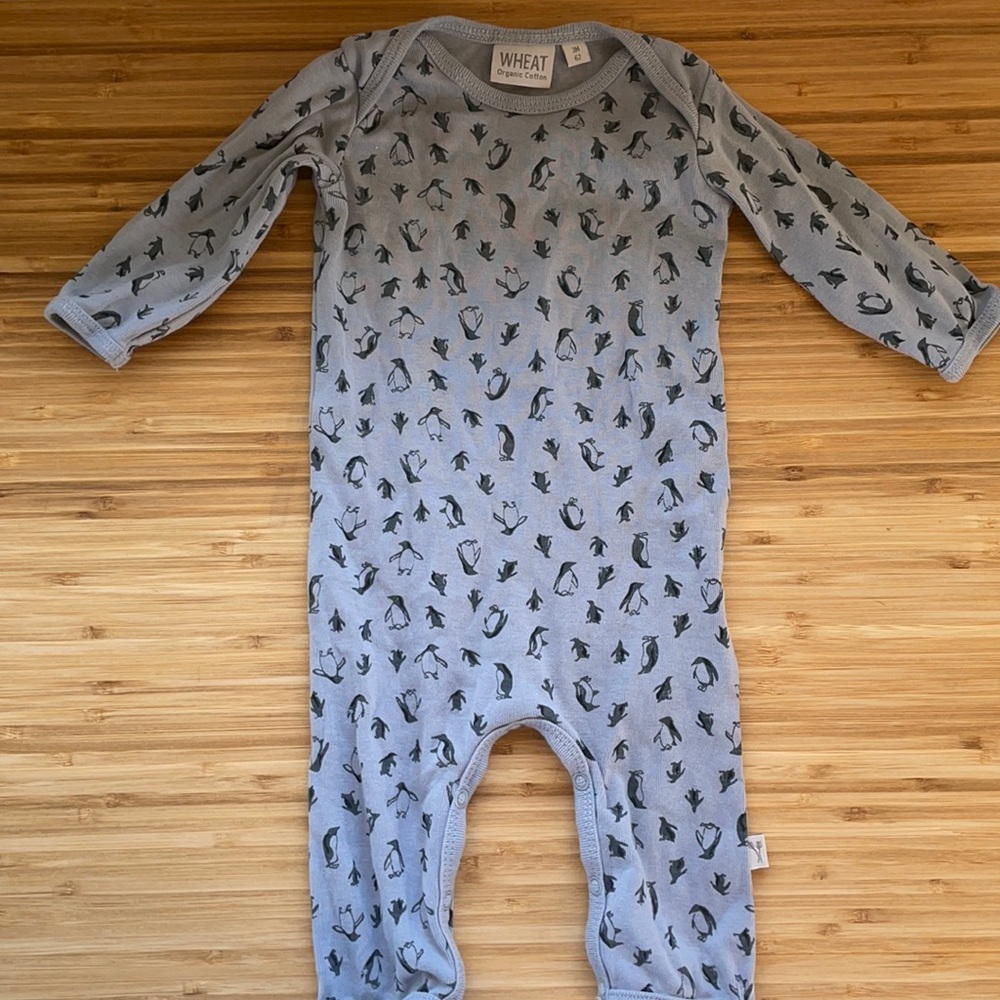 Wheat 3 month old blue Penguin jumpsuit